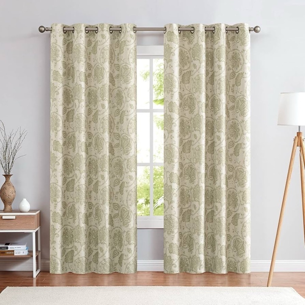 Pier 1 Imports Cream Sage Textured Paisley Grommet Elegant Curtain Panel 50x84”